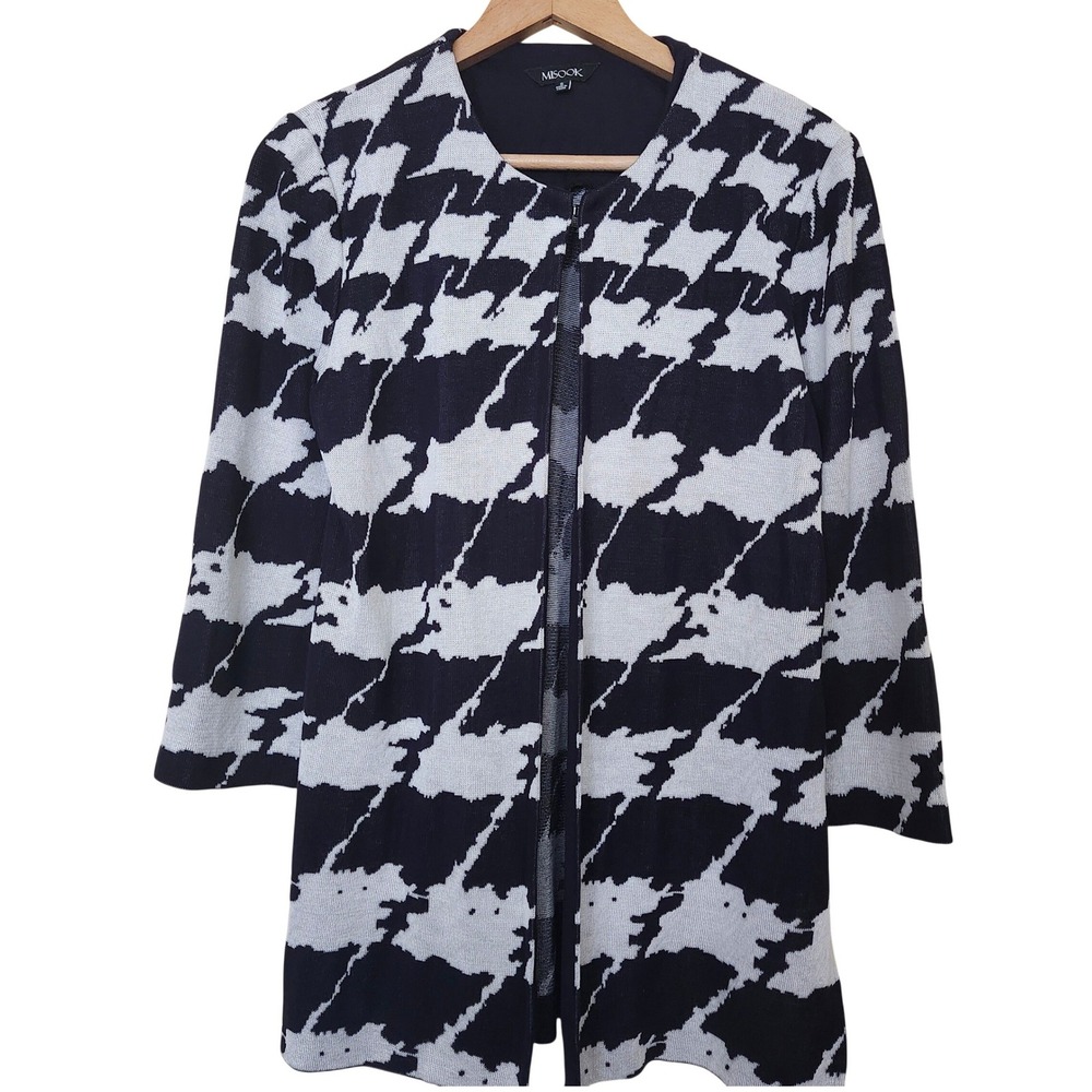 MISOOK Black White Houndstooth Knit Open Front Long Cardigan Sweater Women Small